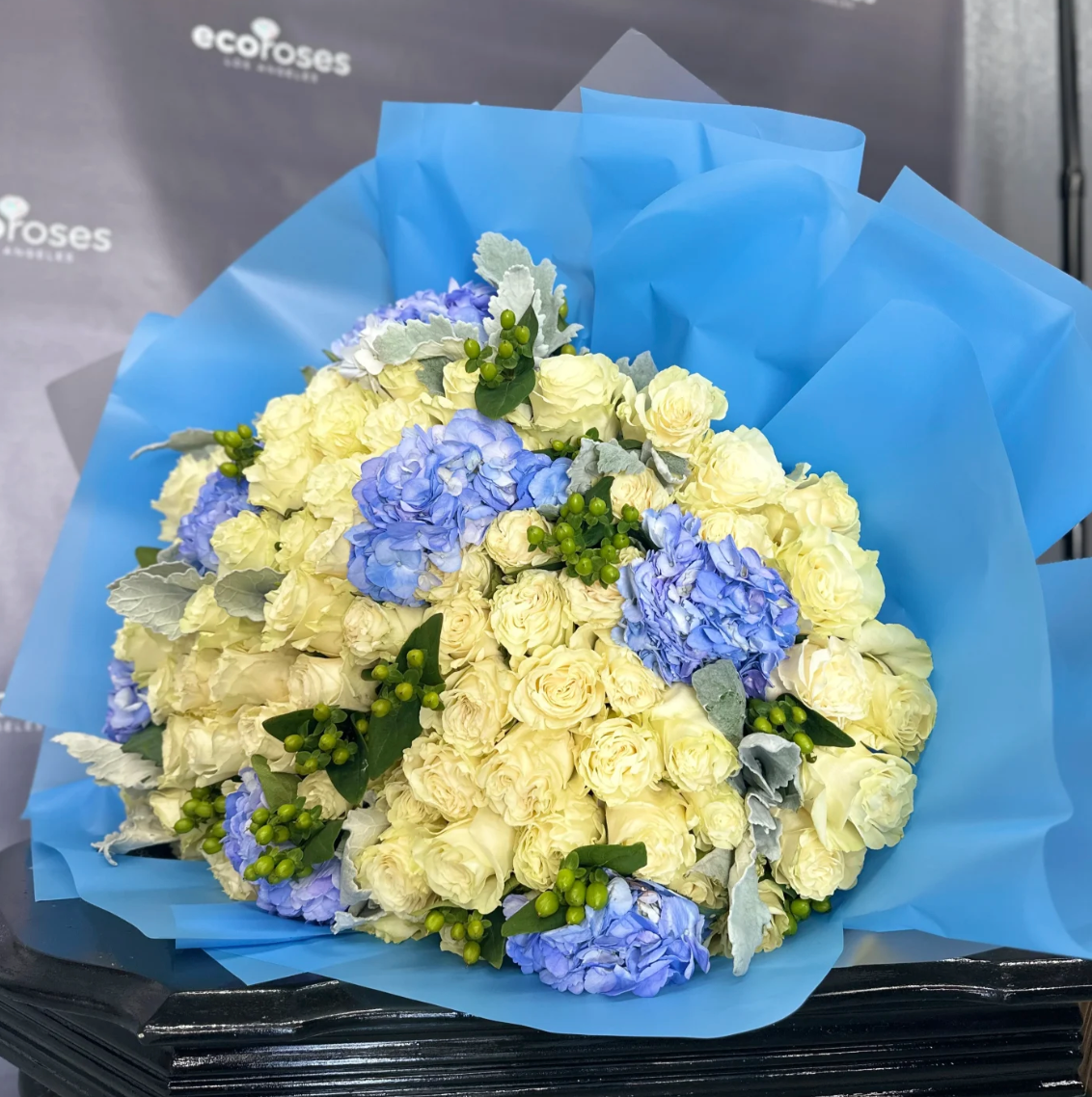 AzureHarmony bouquet, featuring stunning azure-colored flowers and complementary blooms in a harmonious arrangement La Crescenta Florist