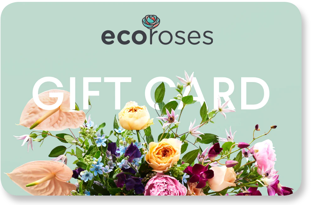 Elegant gift cart adorned with a variety of sustainably sourced flowers, prominently displaying the 'EcoRoses' company name, symbolizing eco-friendly luxury.